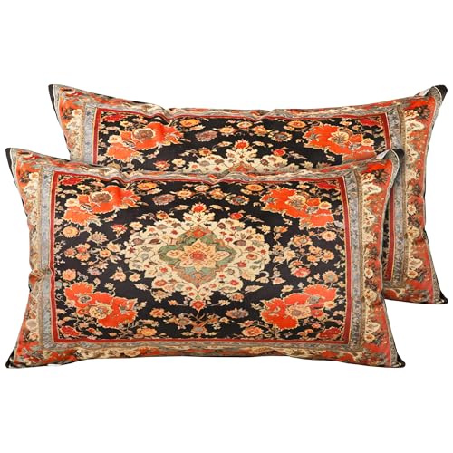 Vintage Floral Soft Velvet Throw Pillow Covers 12x20 in Boho - color: Black, size: 20" x 12" (Pack of 2)