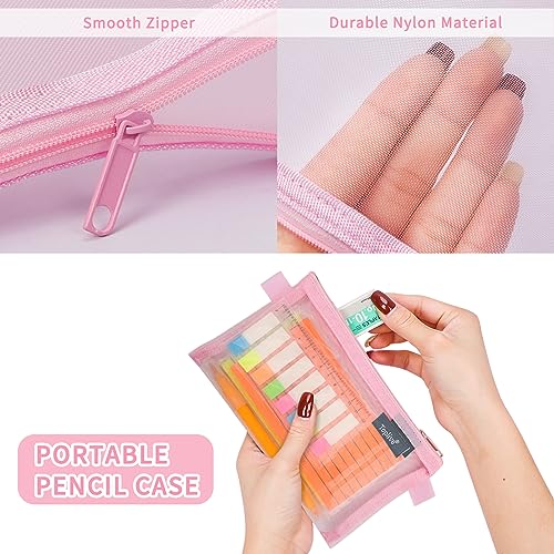 Toplive 3 Pieces Pencil Case Set, Clear Exam Pencil Pouch, Nylon Mesh Zipper Pen Case Bag, Makeup Bag for Women, Portable Office School Stationery Storage Pouch for Students Adults, Green Pink Blue