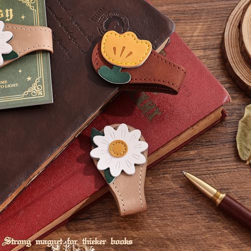 2PCS Vintage Magnetic Leather Bookmark, Leather Magnetic Bookmarks for Women, Magnetic PU Bookmarks Clip Book Accessories, Daisy & Tulip - style: Daisy & Tulip