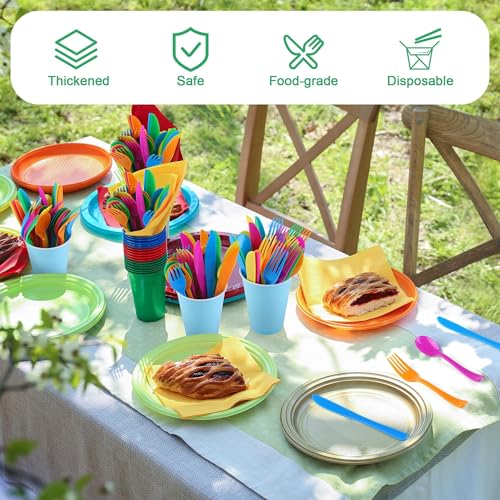 Kochorie 300 Pieces Rainbow Plastic Silverware Disposable Colorful Utensils - color: Rainbow