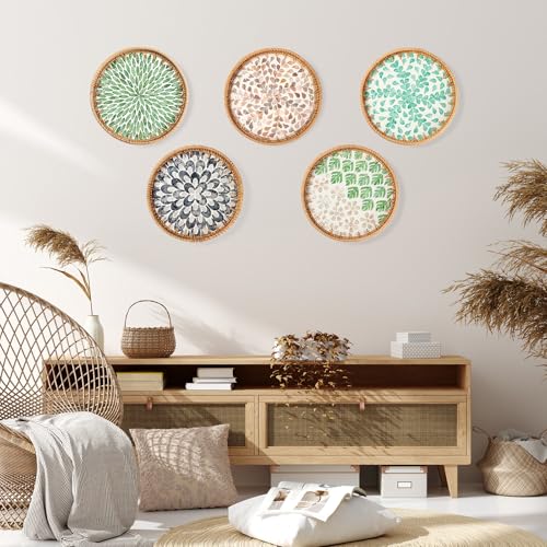 Round Rattan Tray with Mother of Pearl Inlay, Coffee Table Wicker Tray with Wooden Base, Decorative Trays for Home Decor and Display of Coffee Food Fruit Bread (Green Wicker)