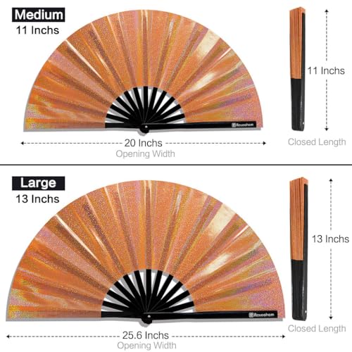 Large Rave Fan, Clack Folding Hand Fan with Premium Fabric, Thick Bamboo Frame for Men Women Gift for EDM, Festival, Club, Party, Dance, Decoration (Lridescent Orange, 13") - color: Lridescent Orange, size: 13"