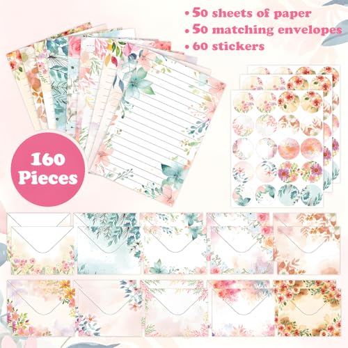 FUNCLASS 160 Pcs Floral Stationery Set Letter and Envelopes - color: Floral
