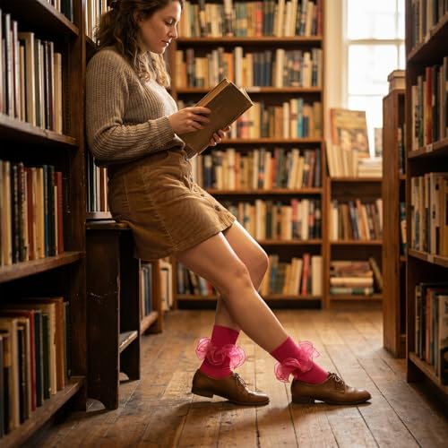 Big Ruffle Socks Women(Size 5-11) Turn Cuff Cotton Lace Frilly Socks - color: Green,blue,rose Red,beige, size: 5-9