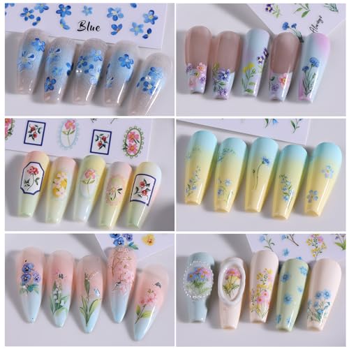 3D Flower Leaf Nail Stickers 12 Sheets Self-Adhesive Floral Decals for Nail Art Summer Wildflowers Blossom Leaves Design Manicure Decorations DIY Plants Sliders Nail Art Accessories for Women - style: Wildflowers