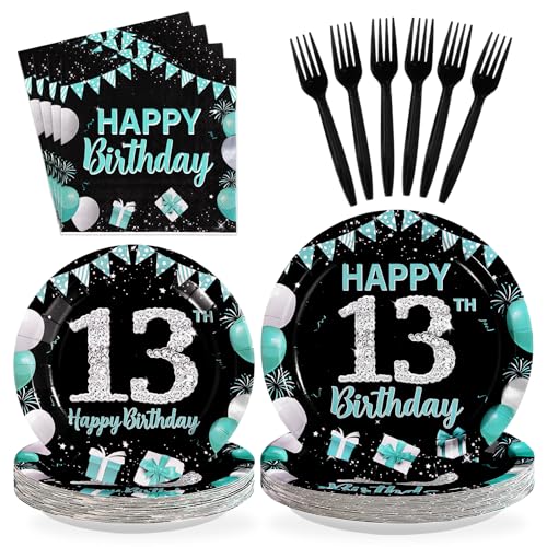 96Pcs Teal Black 13th Birthday Party Decorations, Serves 24 - style: Peacock Blue Black 13th Birthday