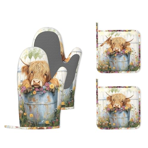 Cute Highland Cow Flowers Garden Heat-Resistant Silicone Oven Mitts and Pot Holders 4 Piece Set,Extra Long Non-Slip Kitchen Oven Gloves for Cooking, Baking, BBQ,Grilling - color: Cute Highland Cow Flowers Garden