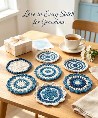 Handmade Crochet Floral Coaster, Absorbent Blue Coaster, 3.9 inches