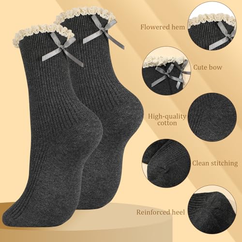 6 Pairs Womens Bow Socks, Ruffle Casual Crew Socks - color: Black,off‑white,beige,white,dark Gray,brown