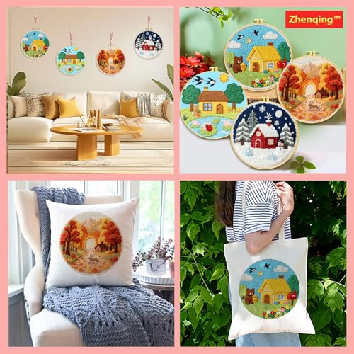 Zhenqing Four Seasons Embroidery Kit for Beginners, 4-Piece Spring Summer Fall Winter Landscape Needlework Set with Pre-Printed Fabric, Hoop & Threads (C0182) - color: Four Seasons
