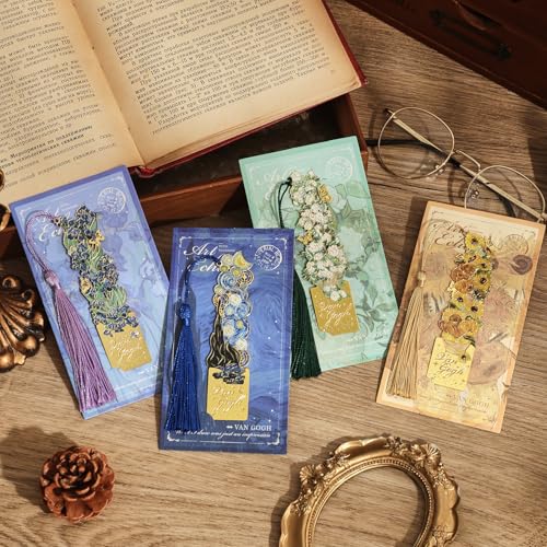 4 Pieces Bookmarks with Tassel, Golden Hollow Metal Bookmark Monet Oil Painting Theme Book Mark for Women Book Lovers Writers Readers Children Teenage Girls, (Flowers Style) - style: 4Pcs Flowers II