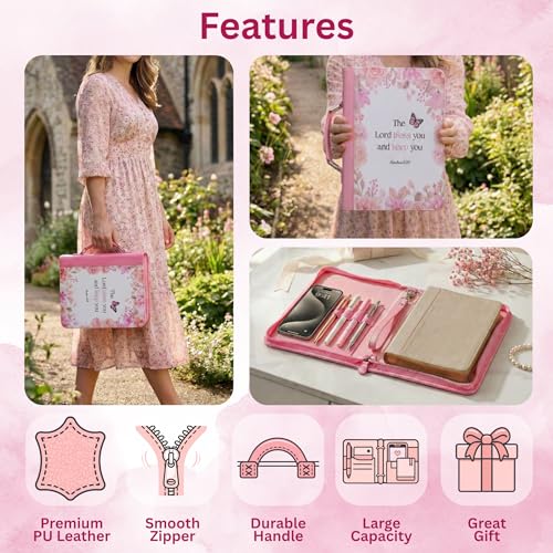 Large Bible Cover Case for Women - Faux Leather Bible Study Organizer Bag with Complete Journaling Kit & Accessories, Pink Floral with Zipper Closure