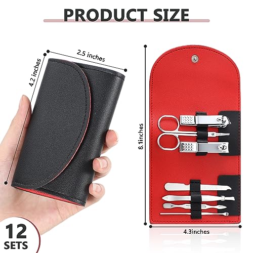 12 Set Manicure Set Bulk Mini Manicure Nail Clipper Kit 7 in 1 Stainless Steel Professional Nail Care Pedicure with Travel Portable Bag Grooming Kits for Women Men Home(Black) - color: Black