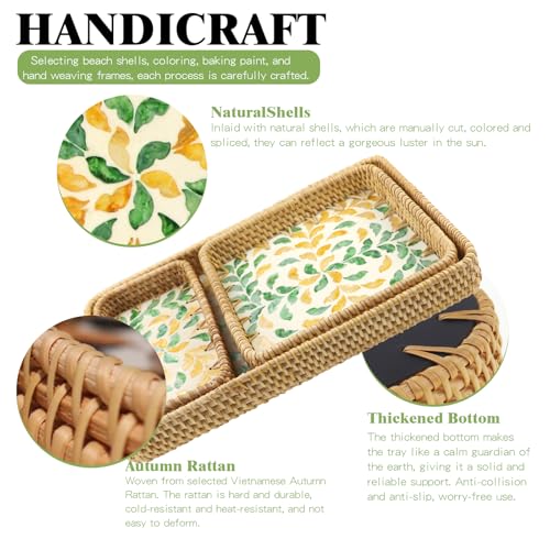 Rectangle Rattan Serving Tray with Mother of Pearl Inlay, Handwoven Wicker Tray for Frui Bread Breakfast Coffee Table Party Picnic Cafe Bedroom Kitchen Home Decor Set of 3 (Wicker Yellow Green) - color: Wicker Yellow Green