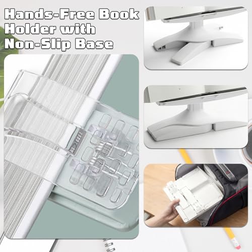 Adjustable Book Stand for Reading with Page Clips,Hands Free Portable Book Holder,with 5 Transparent Sticky Notes and 1 Index Tab, Foldable,Suitable for Cookbooks,Textbooks,Magazines,Laptops,Tablets