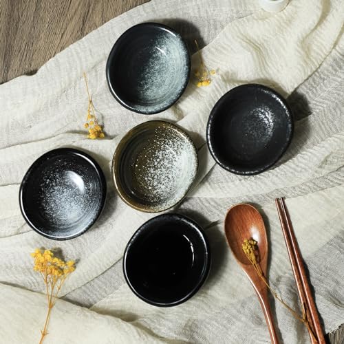 Colias Wing 3.5 Inch Retro Style Black Stylish Design Multipurpose Porcelain Side Dishes Bowls Seasoning Dishes Soy Dipping Sauce Dishes-Set of 5 - color: Set-of-5-Assorted-3