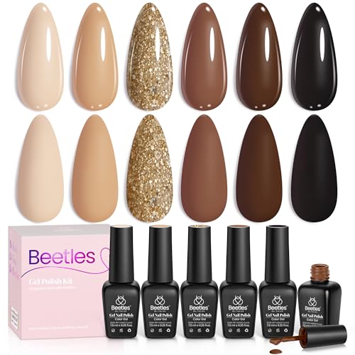 Beetles Brown Gel Polish Set, 6 Colors Fall Nude Brown Black Gold Glitter - color: A - Mixed Finishes | Brown | Chocolate Brown