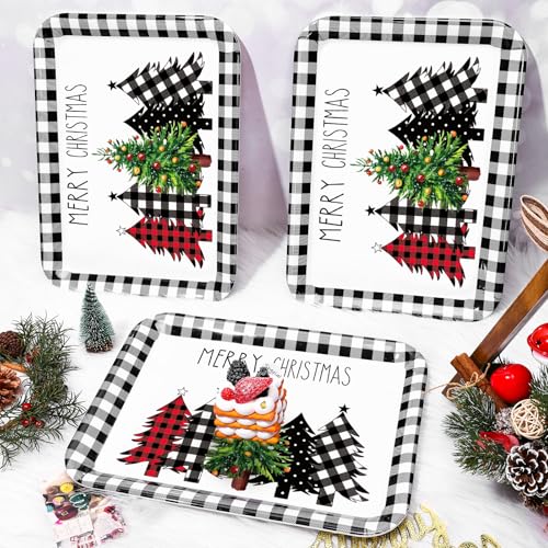 JarThenaAMCS 3Pcs Christmas Serving Trays Black and White Plaid Xmas Tree Platter Rustic Serving Dishes for Holiday Party Sharing Snacks Fruit Dessert Candy - style: Christmas Plaid Tree