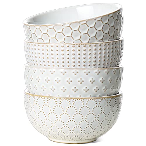 LE TAUCI Cereal bowls 26 oz, Ceramic Soup Bowl for Kitchen, Embossment Stoneware Bowl for Pho, Chip, Fruits, Salad, Noodle, Ramen, Suit For Housewarming - 6 Inch, Set of 4, Arctic white - size: 6 INCH
