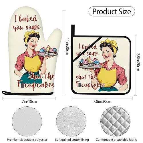 Funny Oven Mitts for Women Yellow Kitchen Accessories and Decor Oven Mitt Sets Retro Humor House Warming Cooking Baking Gifts for Mom Wife Sister (Beige, Oven Mitts & Pot Holders)