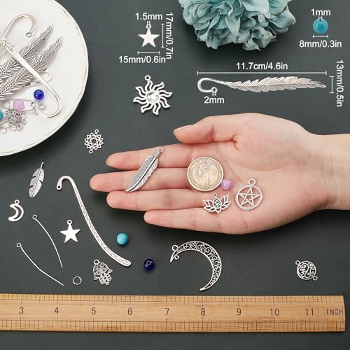 SUNNYCLUE DIY 6 Set Leaf Metal Hook Bookmarks Making Kit 6pcs Leaf Tibetan Style Alloy Bookmark with Feather Moon Sun Lotus Alloy Pendants & Turquoise Beads for DIY Book Marks Making - color: Diy 6 Sets Magic Hook Bookmarks Antique Silver