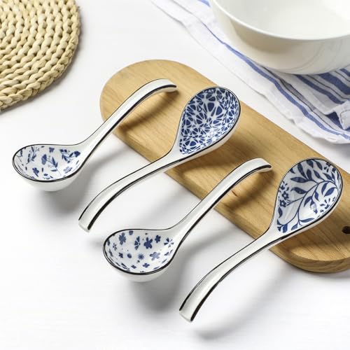 Ceramic Asian Soup Spoons Set 4 Chinese Soup Spoon, 6.3 Inch Ramen Spoons