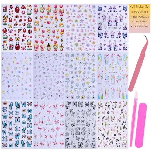 Flower Stickers Nail Art Decals 12PCS Summer Nail Art Designs with Tweezers Tulip Butterfly Leaf Florals Ladybug Decals 3D Self-Adhesive Manicure Simple Nail Stickers for Women Acrylic Nails Supplies - style: Summer Flower Styles