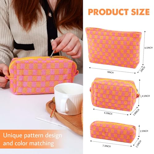 3 Pcs Makeup Bag Checkered Cosmetic Bag Large Capacity Traveling Toiletry Pounch Organizer Cute Makeup Brushes Aesthetic Accessories Storage Bag for Girls Women(Orange-Purple) - color: Orange-Purple