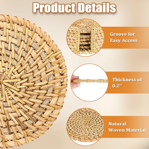 Drink Coasters Set of 6-Handwoven Rattan Coaster with Holder,Natural Rattan - style: Natural Rattan