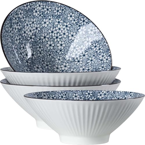 38 oz Japanese Ramen Bowls Set of 4, Large Pho Bowls, 8 Inch Ceramic Blue and White Soup Bowls, Floral Pattern - color: Floral Pattern