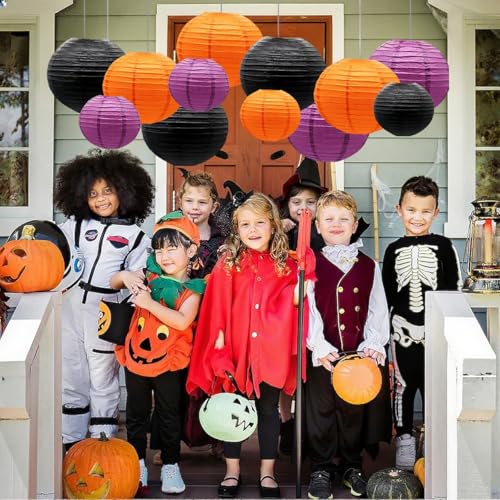 Orange Purple Black Paper Lanterns Decorative 12pcs Halloween Hanging Decorations for Graduation Thanksgiving Birthday Party Decorations - color: black,orange,purple