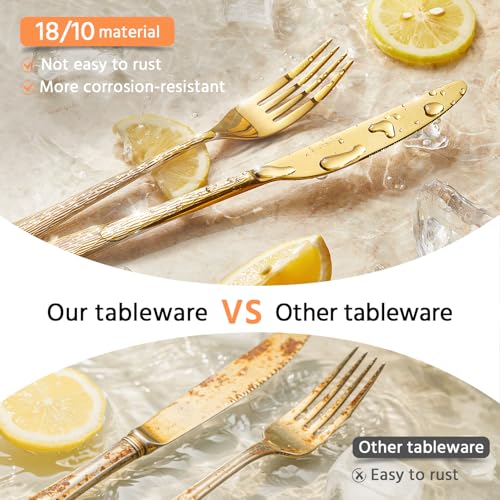 45 Piece Gold Silverware Set with Serving Utensils, 18/10 Stainless Steel - color: Gold, size: 45-Piece