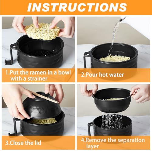6 Pcs Microwave Ramen Cooker Set 40oz Bowl, Black - color: Black