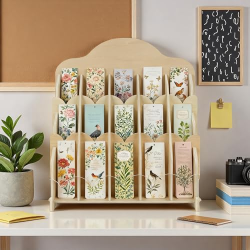 Ebrima Bookmark Display Stand, Wood Bookmark Holder Display for 2”, Adjustable Stand, 15 Compartments, Portable Versatile Holder for Vendor, Craft Fairs, Retail Store Shop, Home decor