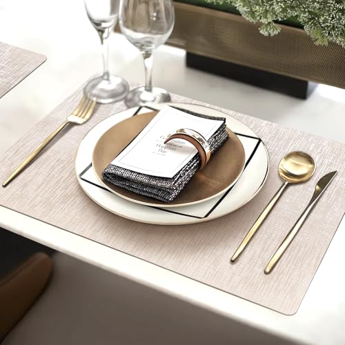 Faux Leather Placemats Set of 4, 12 x 17 Inch, Waterproof Wipeable Heat Resistant Table Mats for Dining Room, Kitchen, Indoor Outdoor, Platinum - color: Leather Platinum
