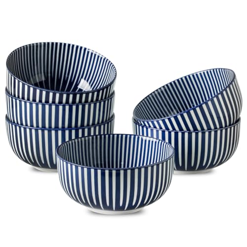 Ceramic Soup Bowls, 28 Ounces Striped Ceramic Cereal Bowls Set of 6 - color: Blue Radial Striped