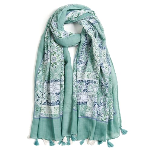 QIUTIMIY Scarf for Women Lightweight Soft Floral Leopard Printed Scarves Fall Winter Fashion Shawl Wrap with Fringe - color: Flower-green White