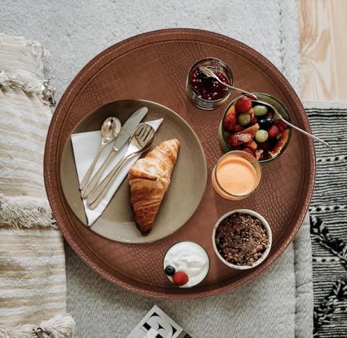 HofferRuffer Round Serving Tray 20'', Elegant Faux Leather Circle Ottoman Table Tray, Serve Tea Coffee Breakfast in Bedroom Living Room Kitchen (Brown) - color: Antique Brown, size: 20"