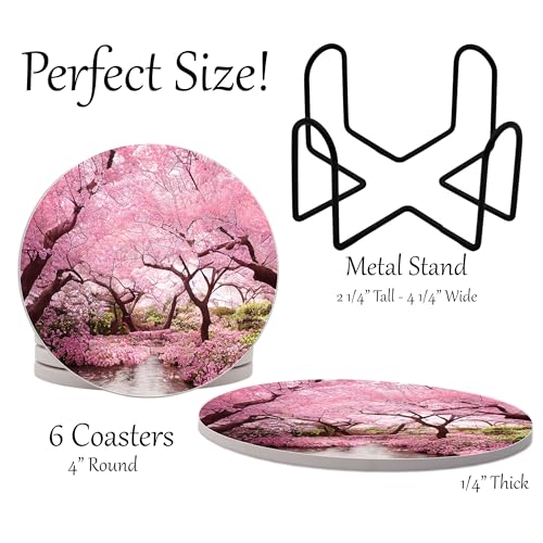 Spring Season Flowers Round Coasters Set of 6 - Abosrbent Ceramic Coasters with Metal Stand for Drinks, Coffee, Non-Slip Cork Back for Tabletop Protection, 4 Inches (Cherry Blossom) - color: Cherry Blossom