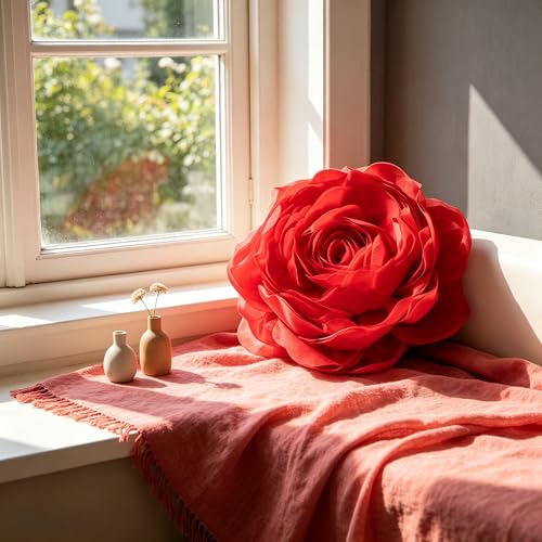 JWH 3D Flower Decorative Throw Pillow Covers with Insert, Red, 14 Inch - color: Red, size: 14" x 14" (Pack of 1)