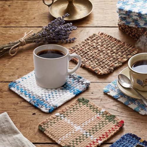 Set of 10 Fabric Drink Coasters, Handcrafted Cotton Woven Coasters for Table, Coastal Farmhouse Table Decor for Coffee Tea Cocktails, Absorbent Soft Desk Coasters for Kitchen Office, Housewarming Gift - color: Blue & White