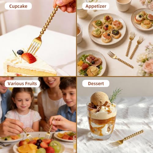 Premium Gold Mini Dessert Forks - 120-Piece with Beaded Handle, 4.4 Inch - color: 120pcs Gold Forks
