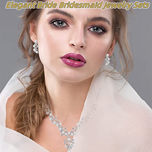 Pearl Bride Wedding Jewelry Set Faux Pearls Crystal Rhinestone Necklace Earrings Bracelet Sets for Women Bridesmaid(3 PCS) - color: Silver - Pearl B