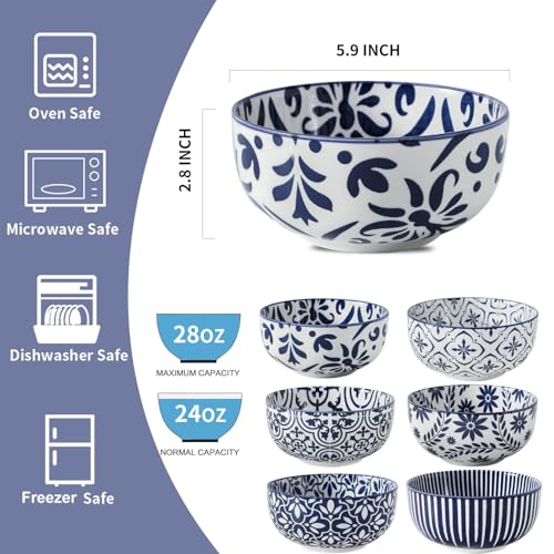 Soup Bowls, 28 Ounce Ceramic Cereal Bowls Set of 6 - color: Assorted Mix