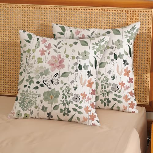 Spring Pillow Covers 18x18 Pack of 2 Watercolor Green Pink Floral Botanical Throw Pillow Covers Outdoor Summer Flower Plants Pillowcase Farmhouse Decorative Linen Cushion Case for Sofa Couch - color: A-floral-1, size: 18" x 18" (Pack of 2)