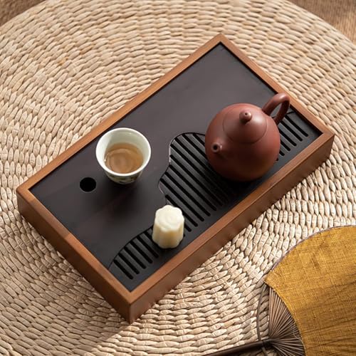Bamboo Tea Tray & Table Set - Chinese Gongfu Tea Serving Tray with Tea Brush, Compact & Portable (11.8 Inch) - color: Black Brown
