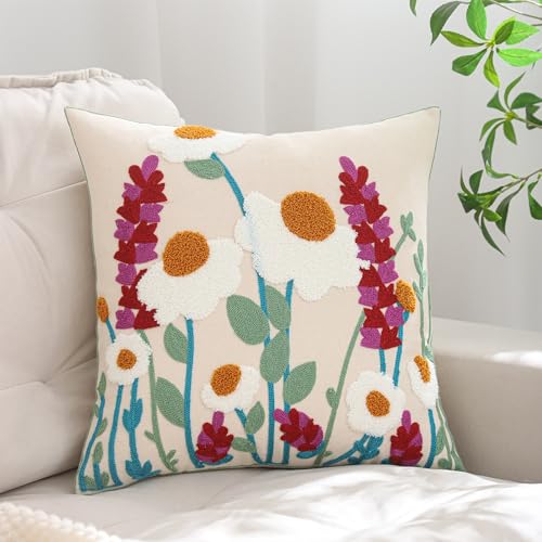 LUOYEHK Embroidered Throw Pillow Covers 18x18 Inch Set of 2 Spring Flower Decorative Pillow Cover Summer Boho Cushion Pillowcase for Couch Sofa Bed Living Room, Daisy Lavender - color: Daisy Lavender