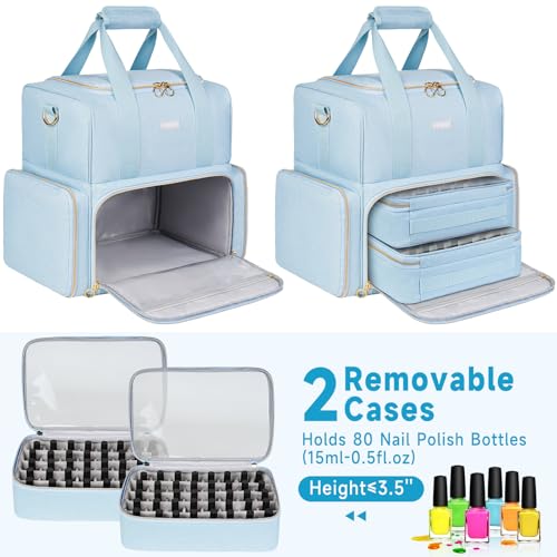 Nail Polish Organizer Holds 80+ Bottles,Nail Polish Carrying Case with 2 Removable Bags,Nail Organizers and Storage for Nail Tech,Portable Nail Polish Supplies Holder,Mother Day Gift for Women Grils - color: Light Blue