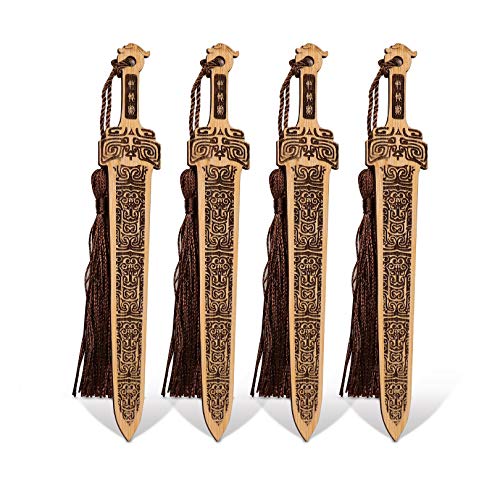 Handmade Natural Bamboo Bookmark with Beautiful Tassels,Vintage Style Bookmark is A Unique Gift for Teachers, Students, Men and Women - 4Pcs (Sword)