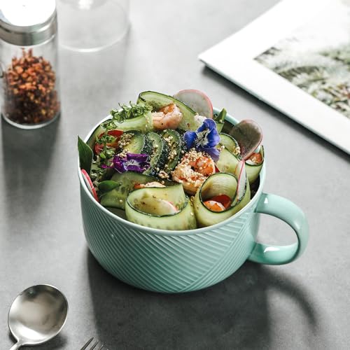 Ceramic Soup Bowl with Handle, 38 oz Microwave Safe, Mint Green - color: Mint Green